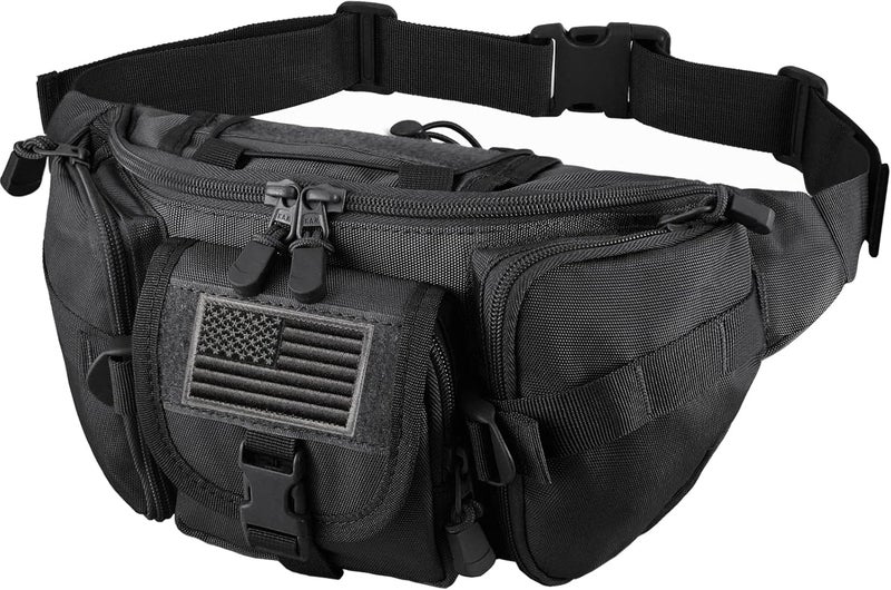 FRTKK Tactical Fanny Pack Military Waist Bag Pack with USA Flag Patch Utility Hip Pack with Adjustable Strap for Outdoors Fishing Cycling Camping Hiking Dog Walking (Black) - Image 1